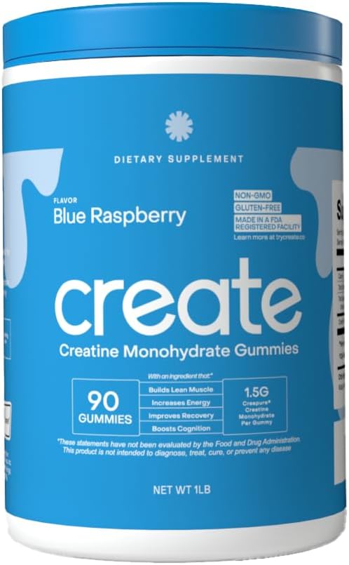 Create Creatine Monohydrate Gummies for Men & Women, Boost Focus, Strength, and Endurance, Anti-Melting Formula, Vegan, Gluten-Free, Non-GMO, 1.5g of Creatine per Gummy (Orange, 90 ct)